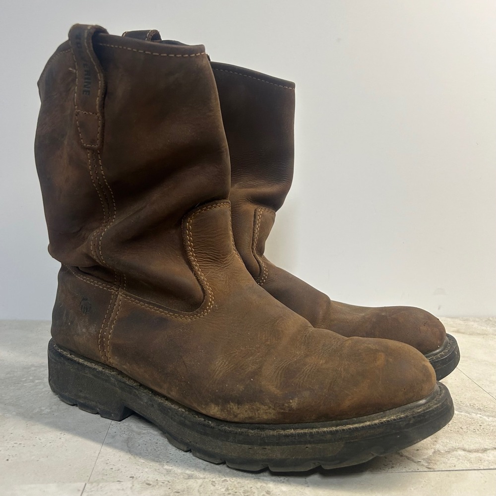 Wolverine W04727 Wellington Work Boots Brown Leather Mens Size 11 Pull On Rugged